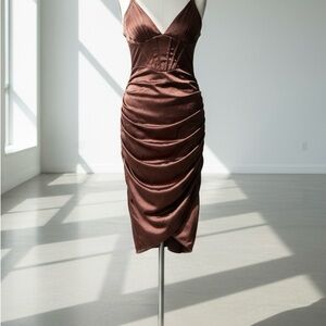 Sophisticated Satin Midi Dress in Rich Brown